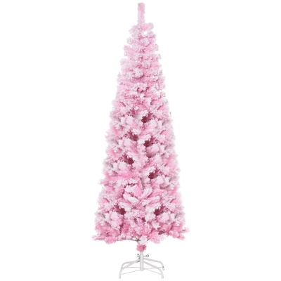 HOMCOM 6ft Slim Pink Flocked Artificial Christmas Tree, Unlit