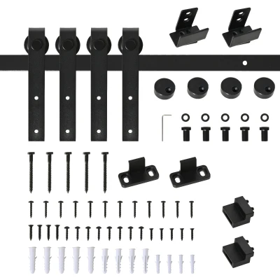 HOMCOM Mini Sliding Barn Door Hardware Kit for Double Doors, TV Stands, Cabinet Barn Door Hardware Kit, Fit 17.7" Wide Door Panel (J Shape), Black
