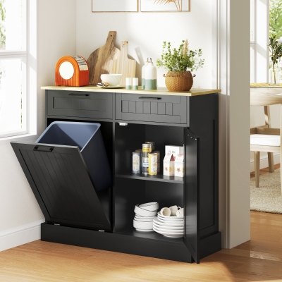 HOMCOM Hidden Garbage Bin Cabinet, Tilt Out Trash Cabinet w/ 2 Drawers, Freestanding Kitchen Island for Laundry, Black