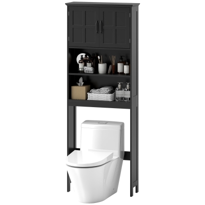 kleankin Modern Over The Toilet Storage, Bathroom Cabinets Over Toilet with Open Shelves and Double Door Cabinet, Black
