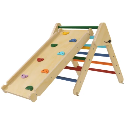 Qaba Pikler Triangle Set, 3 in 1 Climbing Toys with Ramp for Toddlers, Nature Wood
