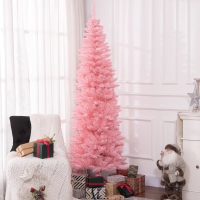 HOMCOM 7ft Tall Pencil Artificial Christmas Tree with 687 Branch Tips with Steel Base, Pink
