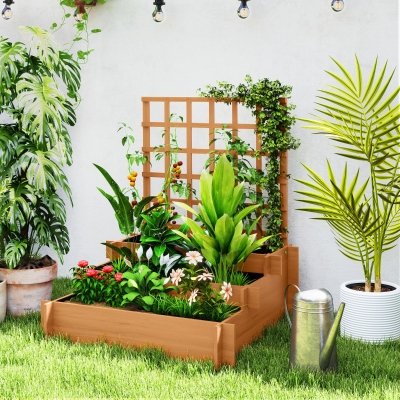 Outsunny Wooden Elevated Planter Box with Trellis for Climbing Plants, 3 Tier Raised Garden Bed for Garden, Outdoor, Brown