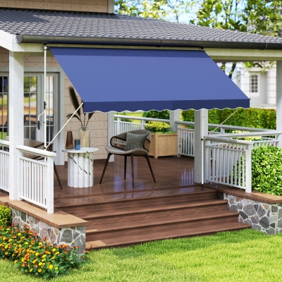 Outsunny 10x5ft Patio Sun Shade Canopy, Manual Retractable Awning with 5.6-9.2ft Support Pole for Window, Door, Porch, Navy Blue