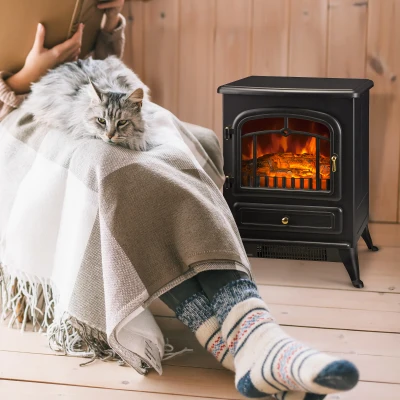 HOMCOM Electric Fireplace Stove Heater with LED Flames, 750W/1500W, Black