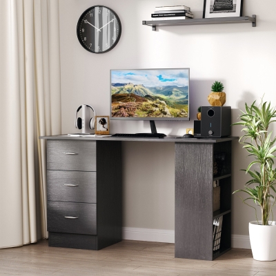 HOMCOM Computer Desk, 47" Writing Table with 3-Tier Shelves and 3 Reversible Drawers for Home Office, Bedroom, Black