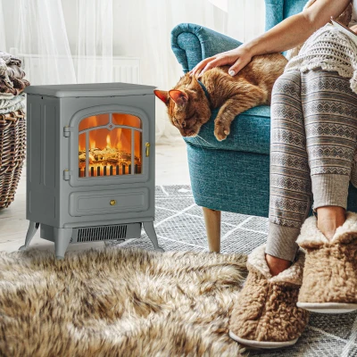 HOMCOM Electric Fireplace Heater with LED Flames, 750W/1500W, Gray