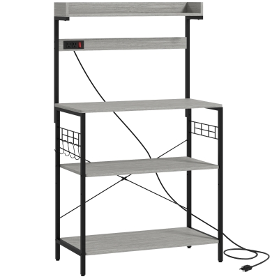HOMCOM Kitchen Baker's Rack with Power Outlet, Coffee Bar Station with Adjustable Shelves and Hooks, Distressed Grey