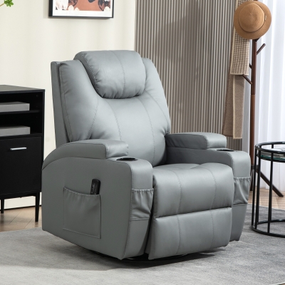 HOMCOM Massage Recliner Chair Leather Swivel Rocker Manual Reclining Chair with 8 Vibration Points, Cup Holders, Light Grey