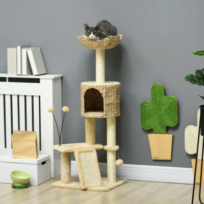 PawHut Cat Tree Condo Tower with Scratching Posts, Beige