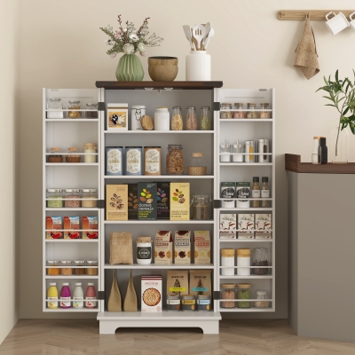 HOMCOM 47" Kitchen Pantry Storage Cabinet, Farmhouse Kitchen Pantry Cabinet with Adjustable Shelves and Door Shelves, White