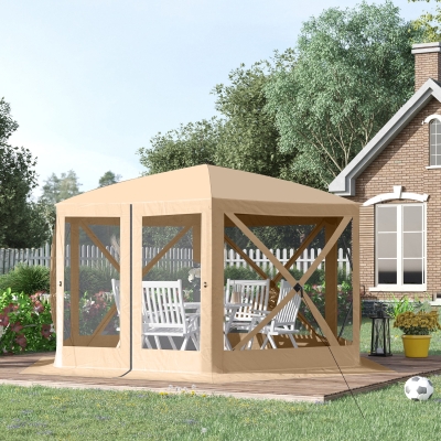 Outsunny 12' x 12' Hexagon Automatic Pop Up Screen Tents Camping Shelter Picnic Canopy Outdoor Sun Shade w/ Mesh Sidewalls and Carry Bag Beige