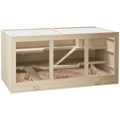 PawHut Wooden Hamster Cage Rat Cage with Slide, Tray, Natural Wood