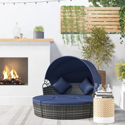 Rattan Round Sofa Bed w/ Canopy 70.9" x 68.9" x 57.9" Dark Blue