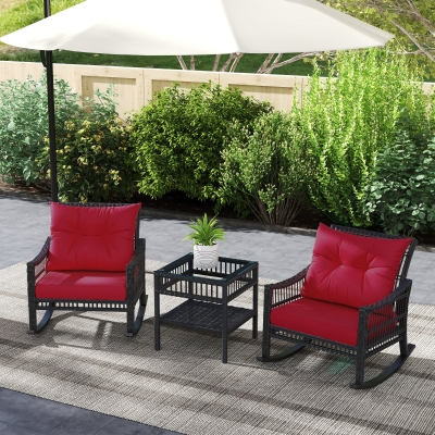 Outsunny 3 Pieces Outdoor PE Rattan Rocker Chair Set, Rocking Chair with Tempered Glass Table Top, 25"x26"x28", Red