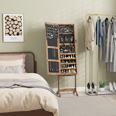 HOMCOM Lockable Jewellery Armoire with LED Light, Standing Mirror with Storage for Bedroom Dressing Room, Rustic Brown