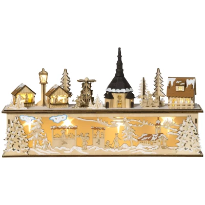 HOMCOM Desktop Christmas Decoration, Christmas Village Houses with Church, Windmill 
Battery Operated, Natural Wood