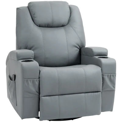 HOMCOM Massage Recliner Chair Leather Swivel Rocker Manual Reclining Chair with 8 Vibration Points, Cup Holders, Light Grey