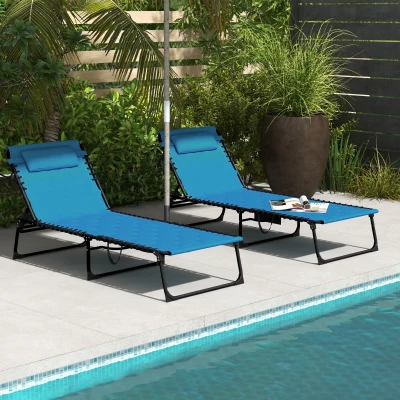 Outsunny Folding Chaise Lounge Set, Reclining 25.6"x74", Blue