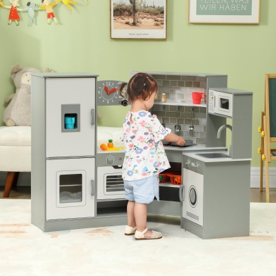 Qaba Corner Play Kitchen, Pretend Play Kitchen Set with Lights & Sounds, Stove Ice Maker Microwave Oven