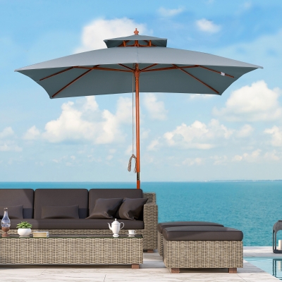 Outsunny 10x10ft Garden Market Parasol Wood Square Patio Umbrella Sunshade Canopy with 2 Pulley Pagoda Style Dark Grey