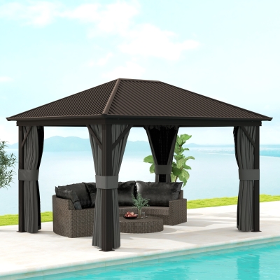 Outsunny 10' x 12' Outdoor Hardtop Gazebo Metal Roof Patio Gazebo with Aluminum Frame, Mesh Nettings, Dark Grey