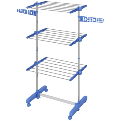 HOMCOM 3-Tier Foldable Clothes Drying Rack, Stainless Steel Laundry Rack with 2 Side Wings and 6 Castors, Collapsible Adjustable Clothes Airer for Indoor Outdoor, Blue