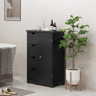 kleankin Bathroom Storage Cabinet, Floor Cabinet with Adjustable Shelf and 4 Drawers, Side Cabinet for Washroom, Black