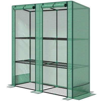 Outsunny Lean-to Greenhouse with 3 Tier Shelves, Mini Greenhouse with 2 Roll-Up Doors for Indoor Outdoor, Green