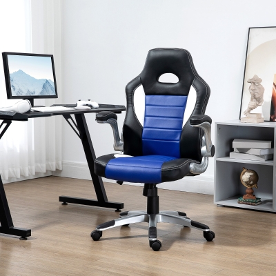 HOMCOM Racing Gaming Chair PU Leather Office Chair Executive Computer Desk Chair with Adjustable Height, Flip Up Armrest, Swivel Wheels, Blue