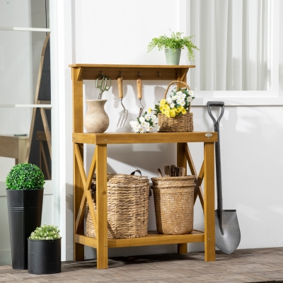 Outsunny 2-Level Outdoor Potting Bench, Wooden Potting Table with Storage Shelf and Top Hooks for Greenhouse, Garden, Patio