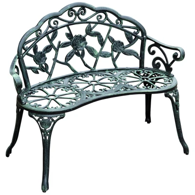 Outsunny 40" Outdoor Garden Bench, Cast Aluminum Antique Rose Style Patio Garden Park Loveseat Bench for Backyard, Porch, Balcony, Lawn, Green