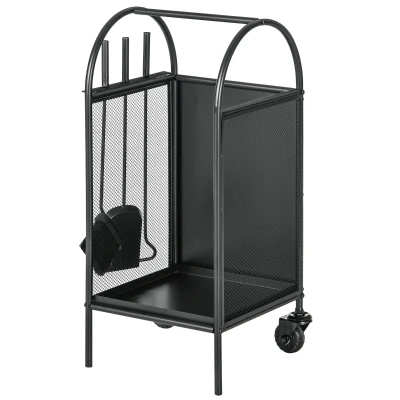 Outsunny 15" Outdoor Firewood Rack with Wheels and Tools, Heavy Duty Wood Storage Stacker, Indoor Outdoor Log Rack, Black