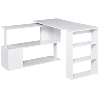 HOMCOM L Shaped Desk, 360° Rotating Corner Desk, Computer Writing Table Workstation with Storage Shelf for Home Office, White