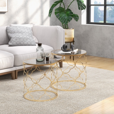 HOMCOM Set of 2 Nesting Table Coffee End Table Set Modern for Living room Furniture Decor Gold Tempered Glass