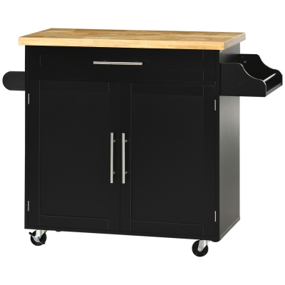 HOMCOM Kitchen Island with Storage, Rolling Cart Trolley with Rubberwood Top, Adjustable Shelf, Drawer, Spice Rack, Black