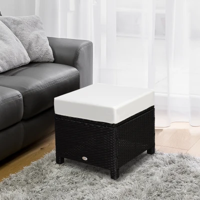 Outsunny 20" Wicker Ottoman, Outdoor Footrest & Side Table, Black/Cream