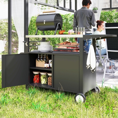 Outsunny Outdoor Grill Cart with Foldable Side Table, Stainless Steel Tabletop, Pizza Oven Stand with Storage Rack, Wheels