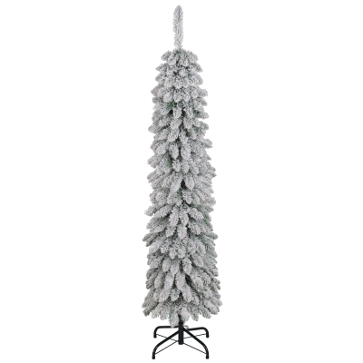 HOMCOM 5ft Snow-Flocked Artificial Christmas Tree, Slim Pencil Xmas Tree with 301 Realistic Branches, Metal Base, Green