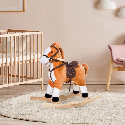 Qaba Kids Plush Rocking Horse Child Ride On Toy Rocker with Realistic Sounds Brown