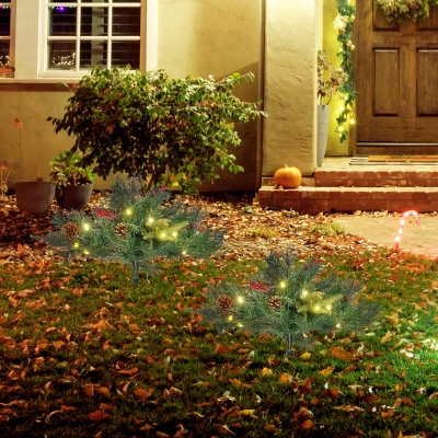 HOMCOM 1.5 Foot/16 inch 2 Pack Prelit Artificial Christmas Tree Cordless with 69 Branches, Warm White LED lights, Red Berries, Pine Cones, for Outdoor Entryway, Green