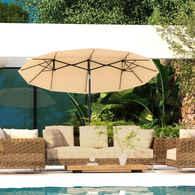Outsunny 9.7' Double-sided Outdoor Patio Umbrella with Tilt, Crank and Vents, Brown