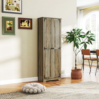 HOMCOM 67" Farmhouse Pantry Cabinet with 2 Doors, Tall Storage Cabinet with Adjustable Shelves, Distressed Grey