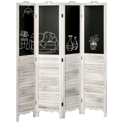 HOMCOM 4-Panel Room Divider Screen with Chalkboard, 5.6 Ft Folding Wall Partition for Bedroom, Home Office, Distressed White