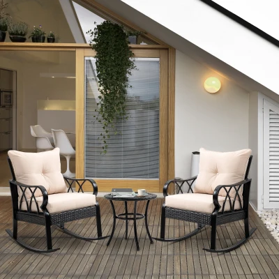Outsunny 3-Piece Rocking Wicker Bistro Set, Khaki Cushions