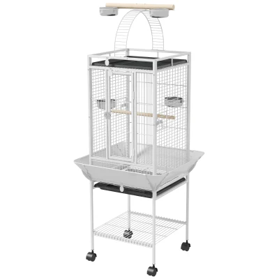 PawHut 61.5 Inch Bird Cage Parakeet House for Cockatiel with Stand, Pull Out Tray, Play Top, Storage Shelf, Wood Perch, Food Container
