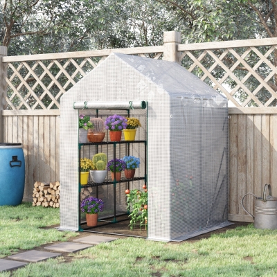 Outsunny 56" x 56" Walk-in Greenhouse Outdoor, Portable Gardening Plant Hot House with 2-Tier Shelf, Green