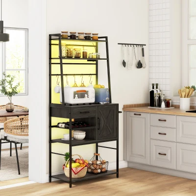 HOMCOM Industrial Kitchen Storage Rack with LED & Barn Door, Gray