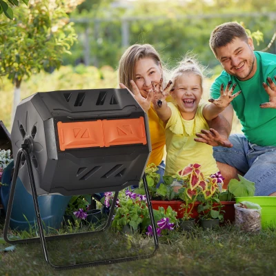 Outsunny 43 Gallon Dual Chamber Rotating Compost Bin, Orange