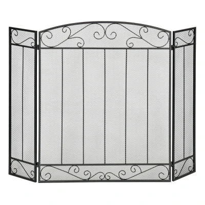 HOMCOM 3-Panel Folding Fireplace Screen, Steel Mesh Fire Spark Guard Cover with Decorative Vine Pattern for Living Room Indoor Decor, 41.25" x 31.75", Black
